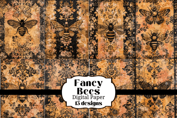 13 Ornate Bee Junk Journal Backgrounds for Creative Projects